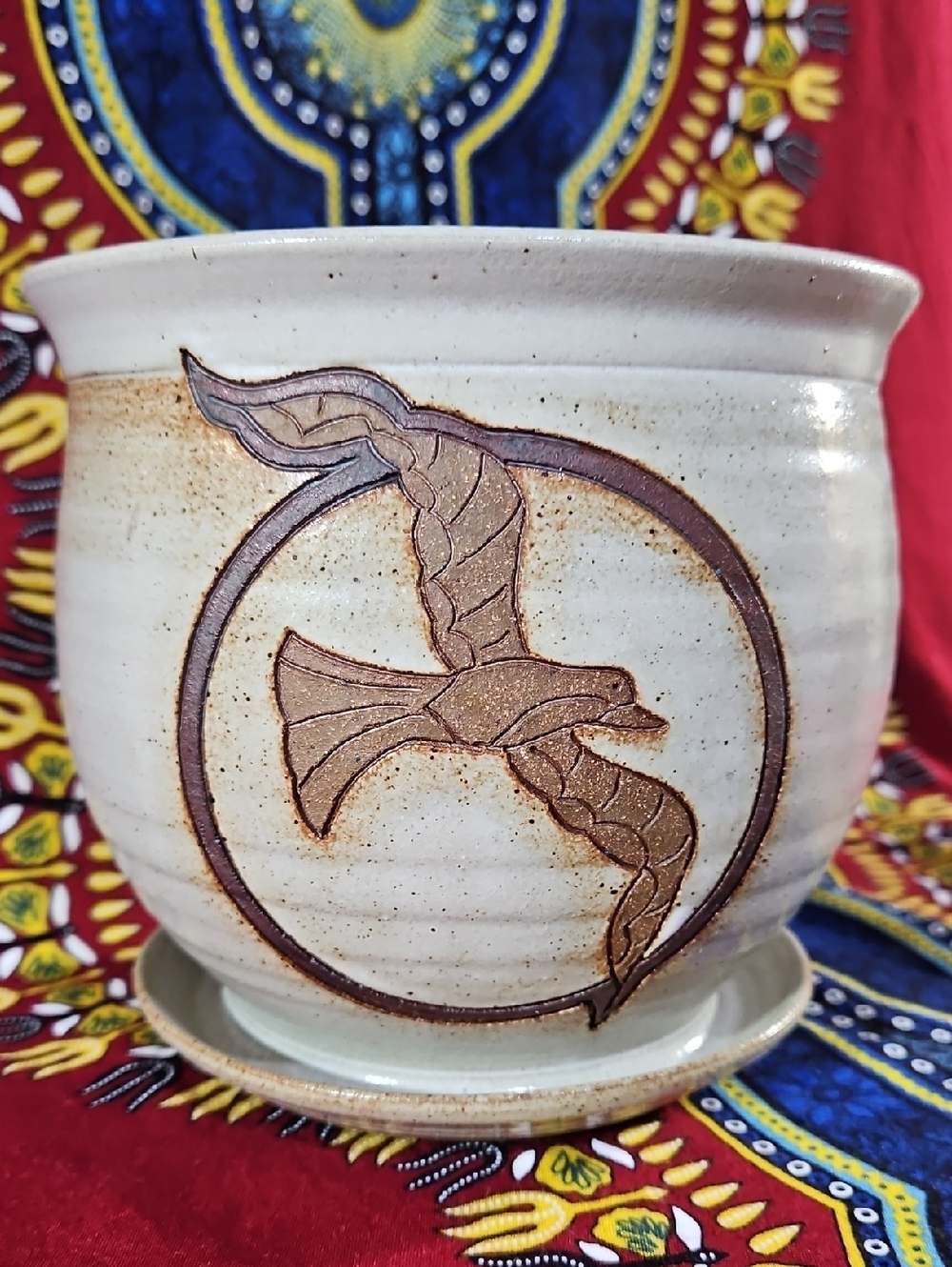 Signed Burke Studio Art Pottery Bird Planter with Attached Saucer